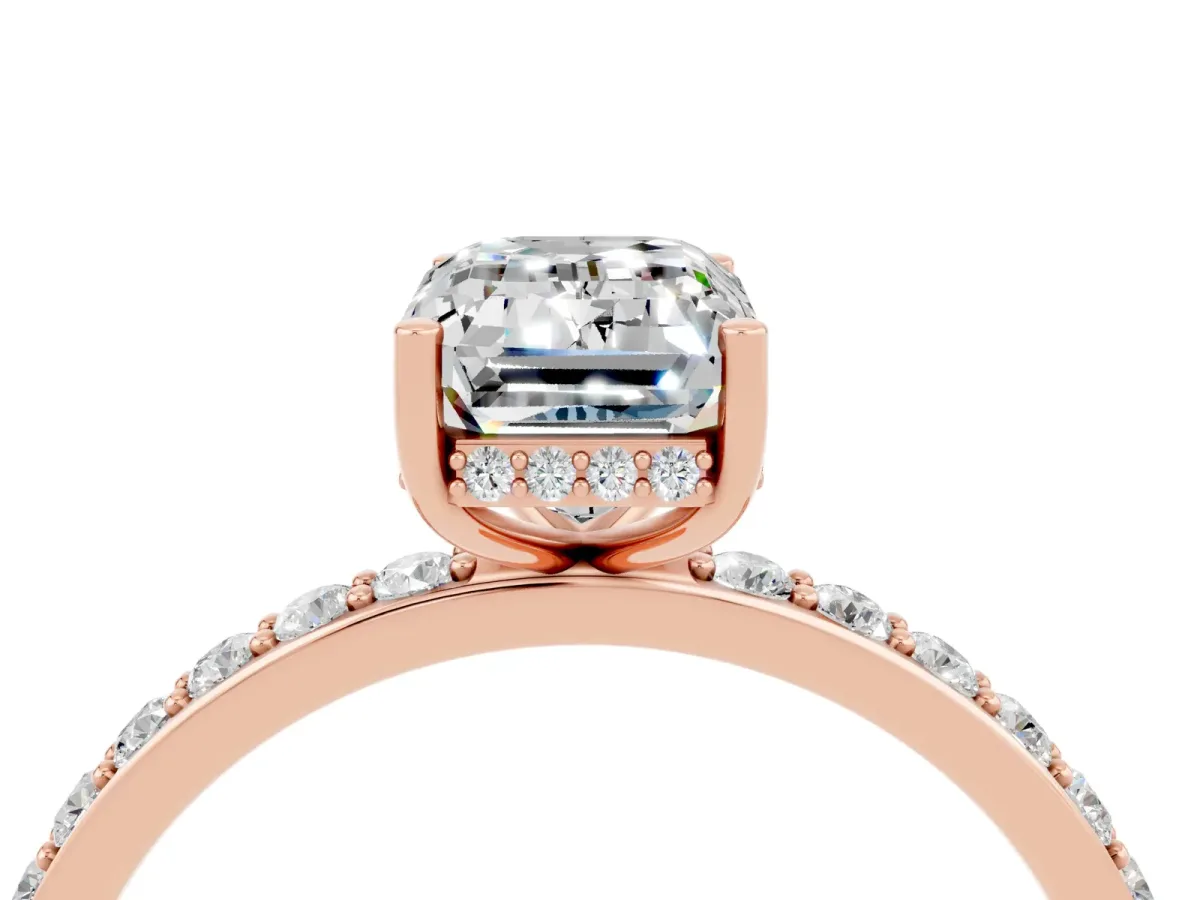 Emerald Cut Moissanite Solitaire Ring with Pavé Band and Hidden Halo Rose gold