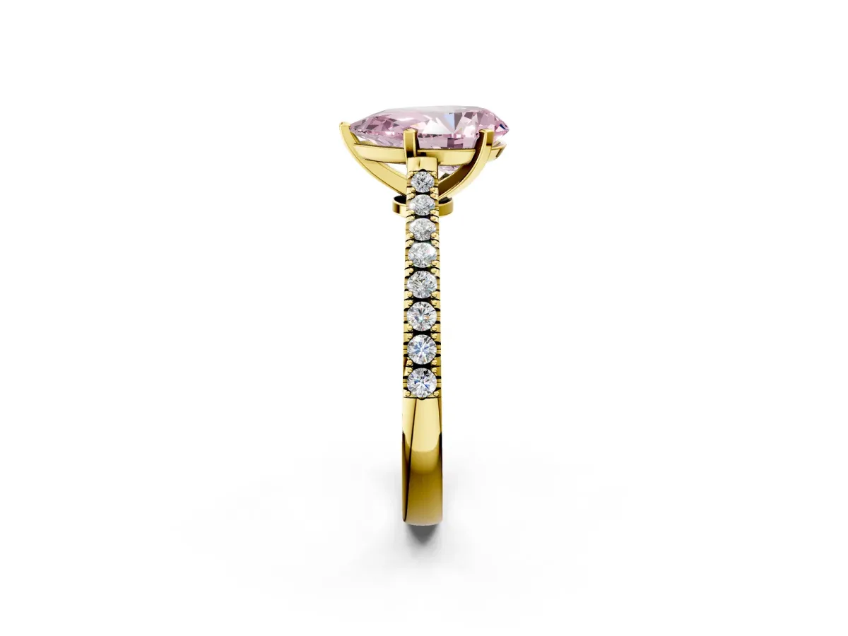Fancy Pink Pear Cut Cut Solitaire Diamond Engagement Ring with Pave Band and Four-Prong Setting Yellow gold