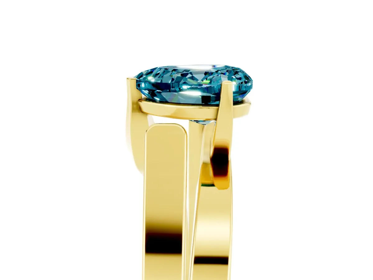 Modern Tension Set Heart Cut Blue Topaz Solitaire Wide Band Ring Yellow gold
