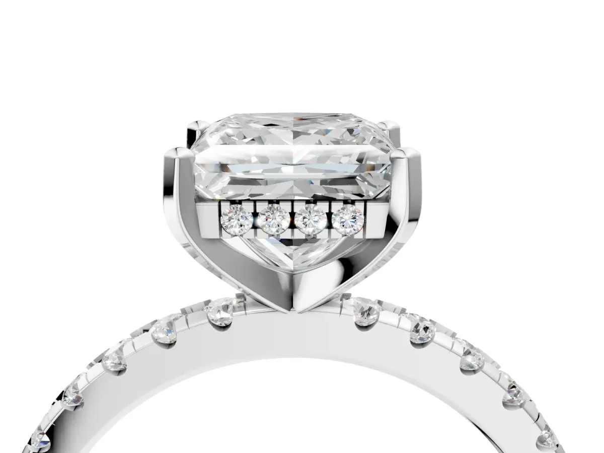 Princess Cut Diamond Solitaire Ring with Round Moissanite Pavé Band and Four-Prong Setting White gold