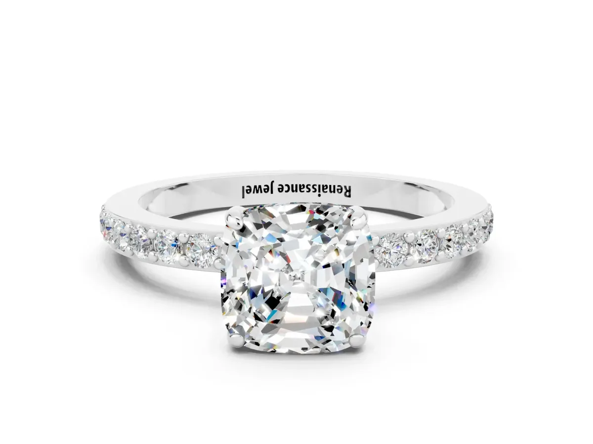 Cushion Cut Moissanite Solitaire Engagement Ring with Pavé Band and Four-Prong Setting White gold