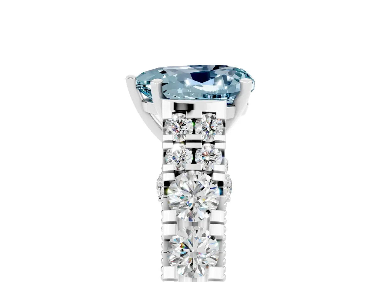 Heart Cut Aquamarine Classic Solitaire Ring with Pavé Band and Four-Prong Setting White gold