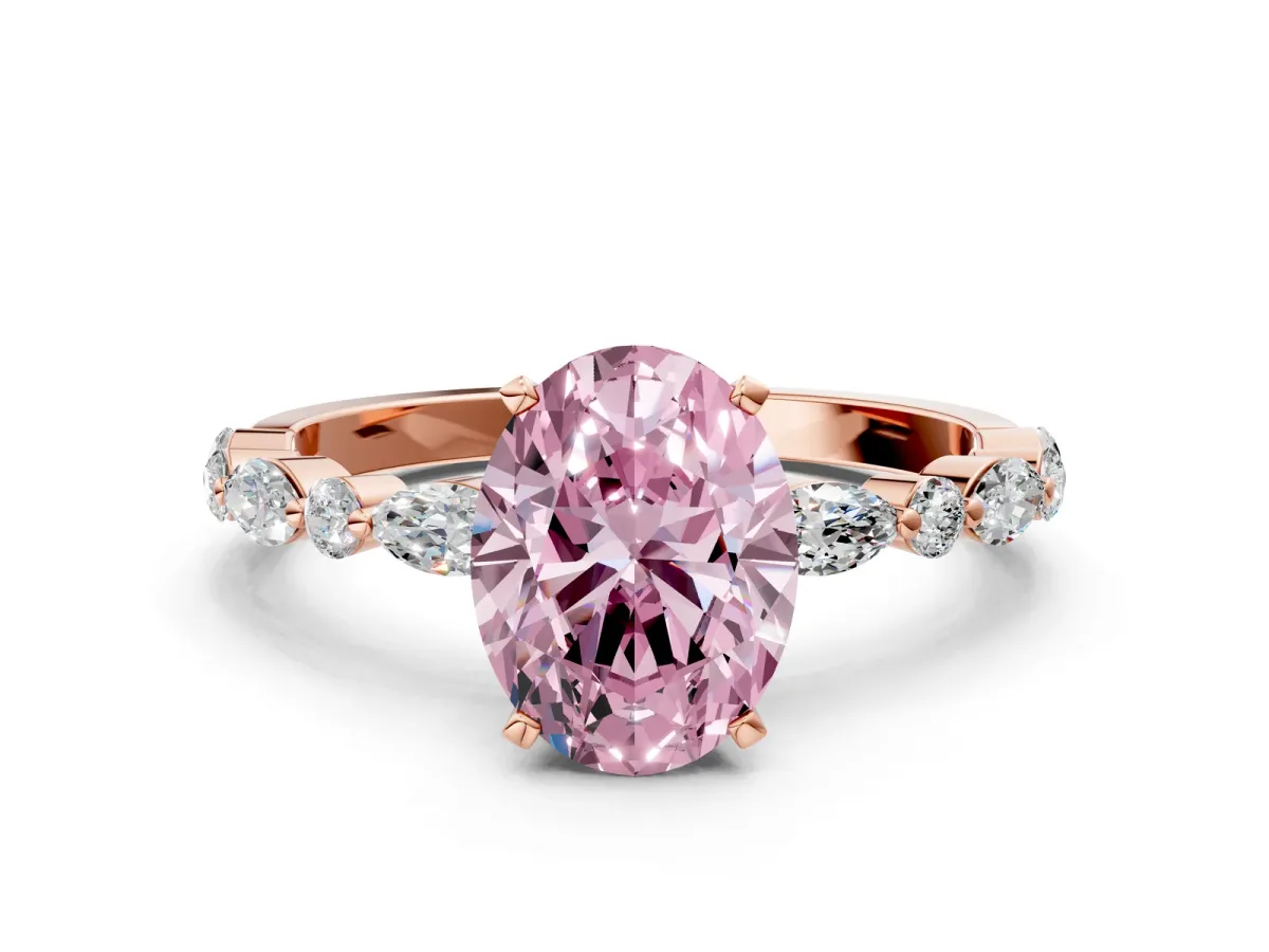 Fancy Pink Oval Cut Diamond Ring with Marquise and Round Side Stones and Four-Prong Setting Rose gold