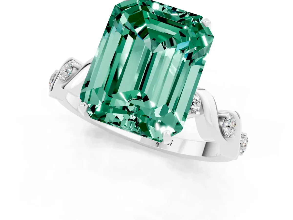Emerald Cut Green Sapphire Solitaire Twisted Band with Round Accents and Prong Setting White gold