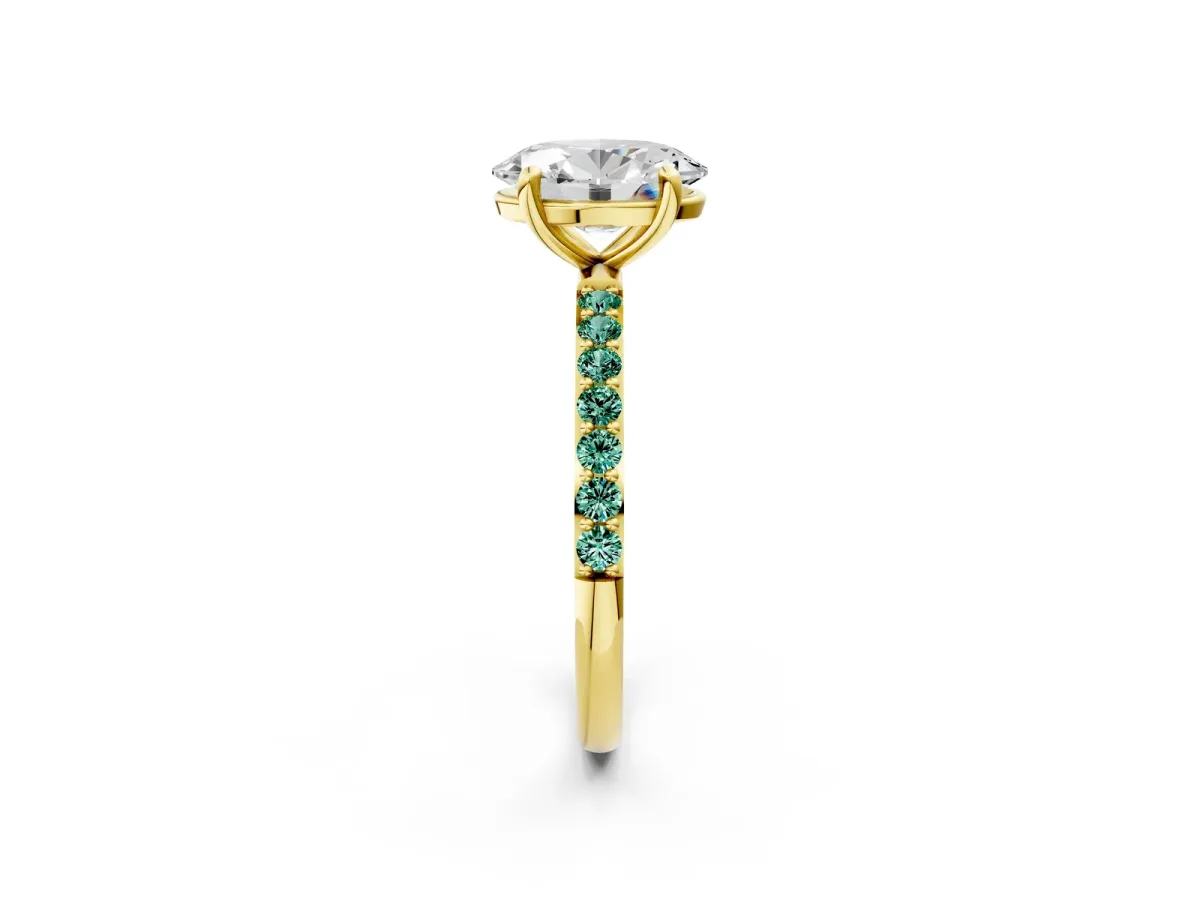 Oval Cut Diamond Solitaire Ring with Round Green Sapphire Pavé Band and Prong Setting Yellow gold