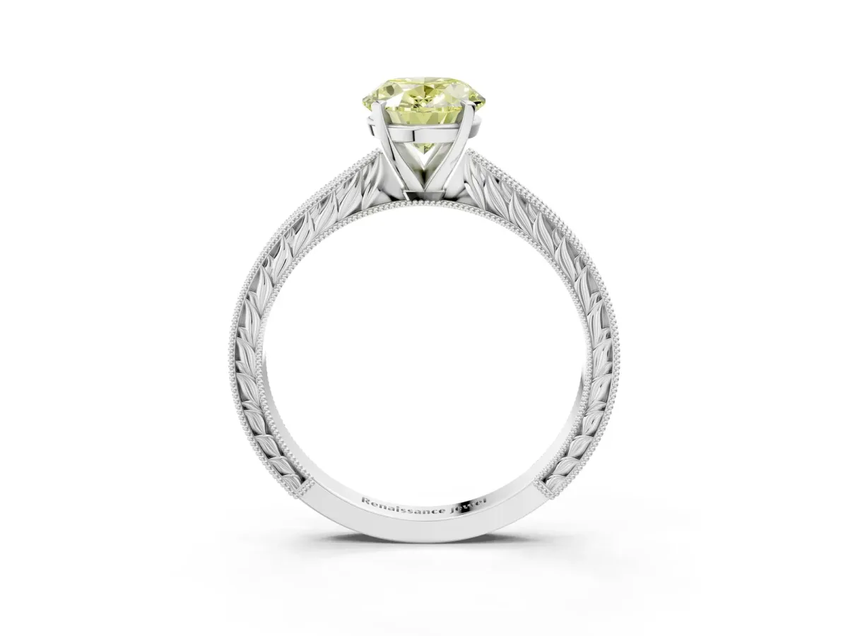Fancy Yellow Oval Cut Solitaire Milgrain Engraved Band with Four-Prong Setting White gold