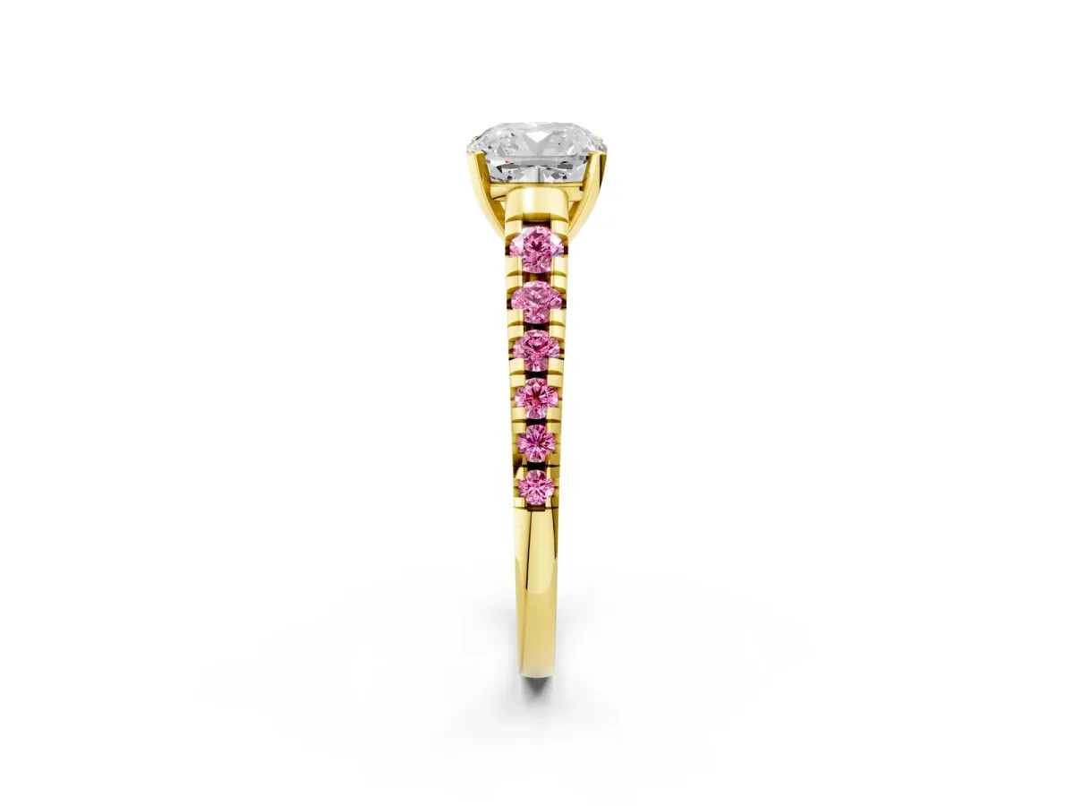 Cushion Cut Diamond Cathedral Solitaire Ring with Round Pink Sapphire Pavé Band Yellow gold