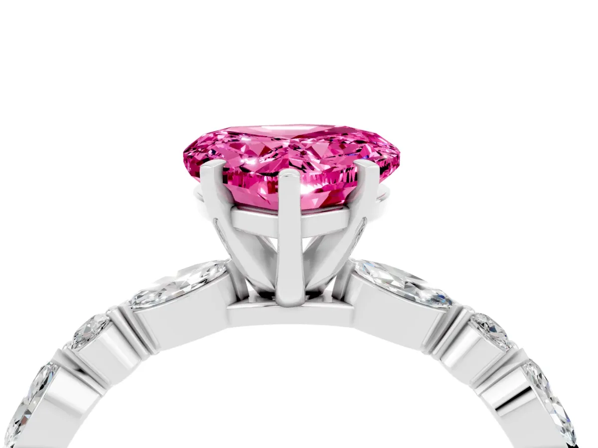 Heart Cut Pink Sapphire Ring with Marquise and Round Side Stones and Four-Prong Setting White gold