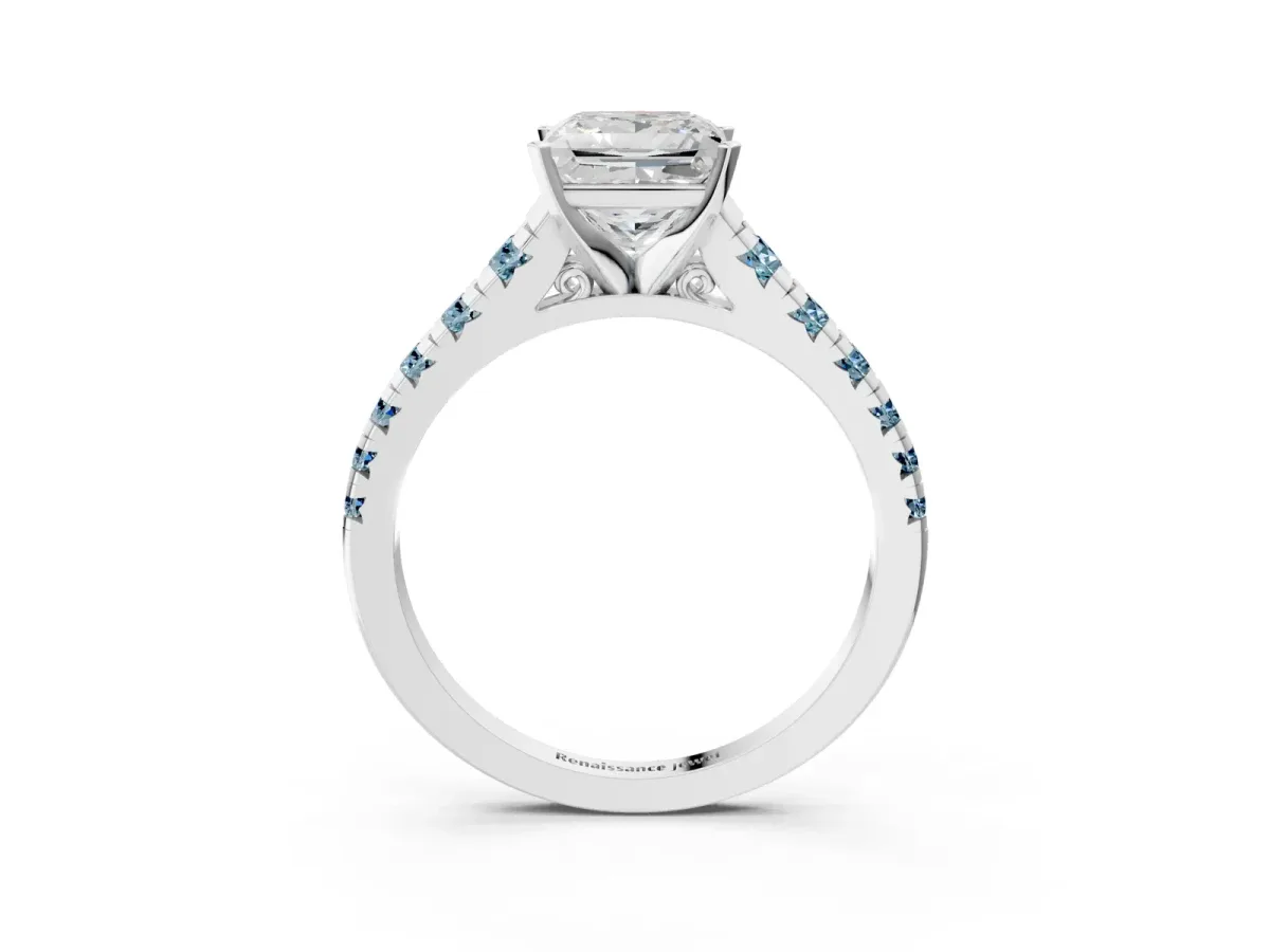 Princess Cut Diamond Cathedral Solitaire Ring with Round Aquamarine Pavé Band White gold