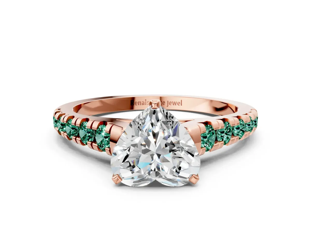 Heart Cut Diamond Cathedral Solitaire Ring with Round Green Sapphire Pavé Band Rose gold