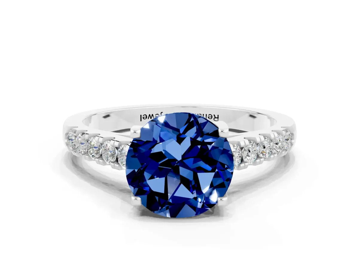 Round Cut Blue Sapphire Pavé Band Solitaire Ring with Prong Setting White gold