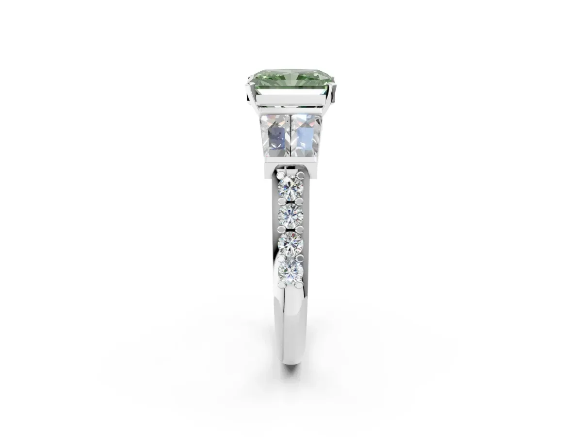 Fancy Green Radiant Cut Diamond Engagement Ring with Baguette Side Stones and Channel Set Band Platinum
