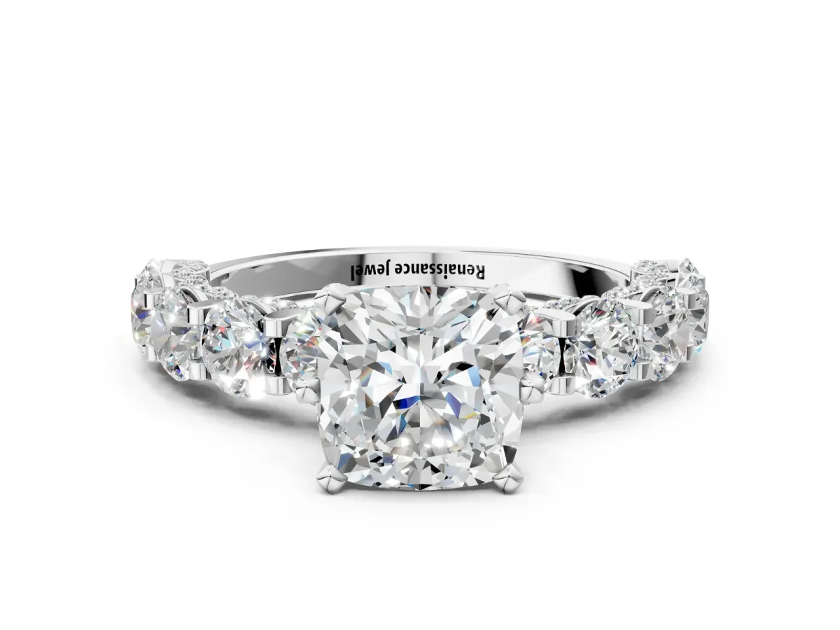 Cushion Cut Diamond Side Stone Engagement Ring with Four-Prong Setting White gold