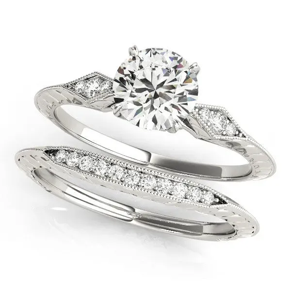 Round Cut Solitaire Diamond Ring with Milgrain Band and Four-Prong Setting Silver