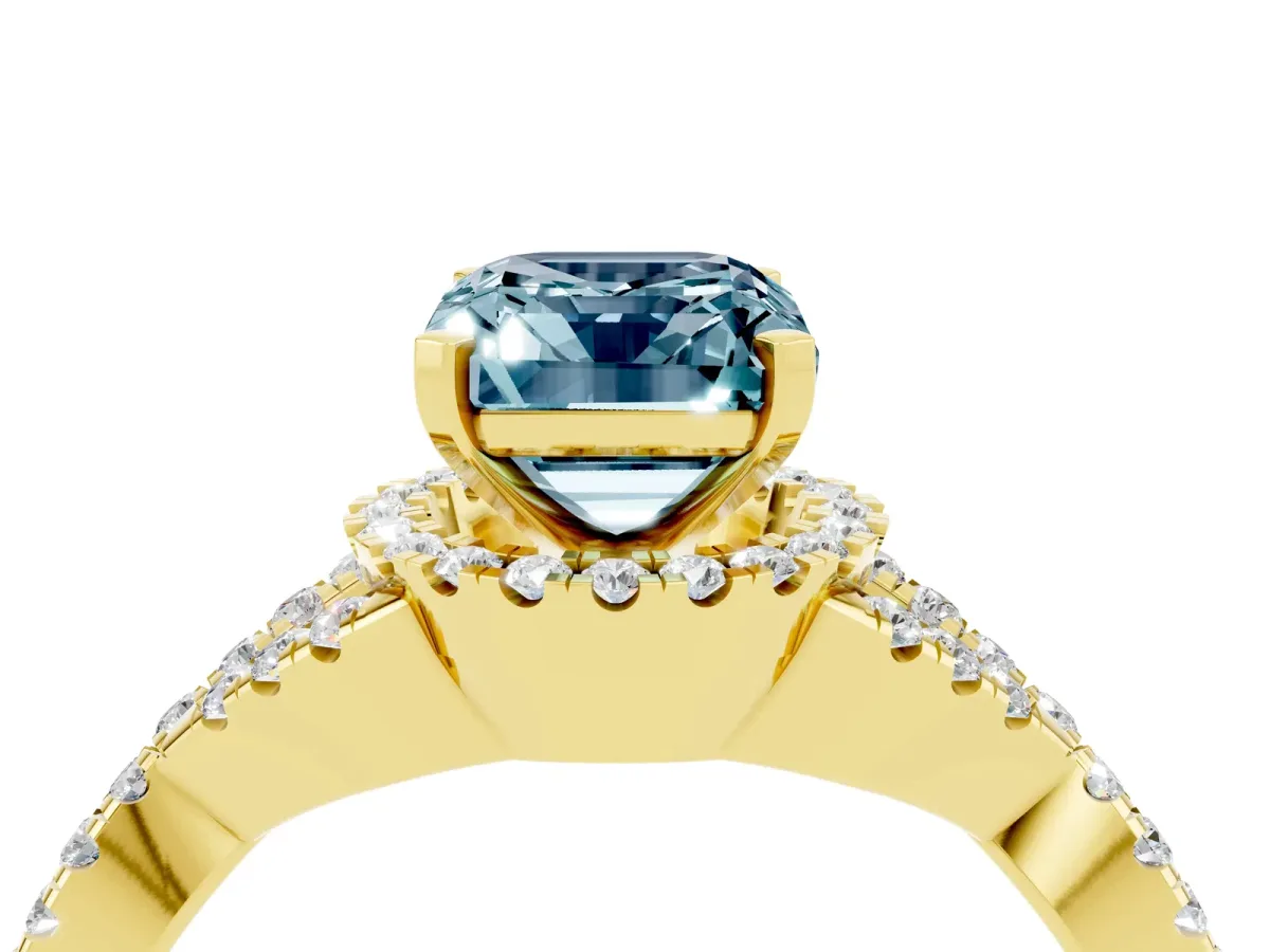 Emerald Cut Aquamarine Halo Twist Band Solitaire Prong Setting Ring Yellow gold