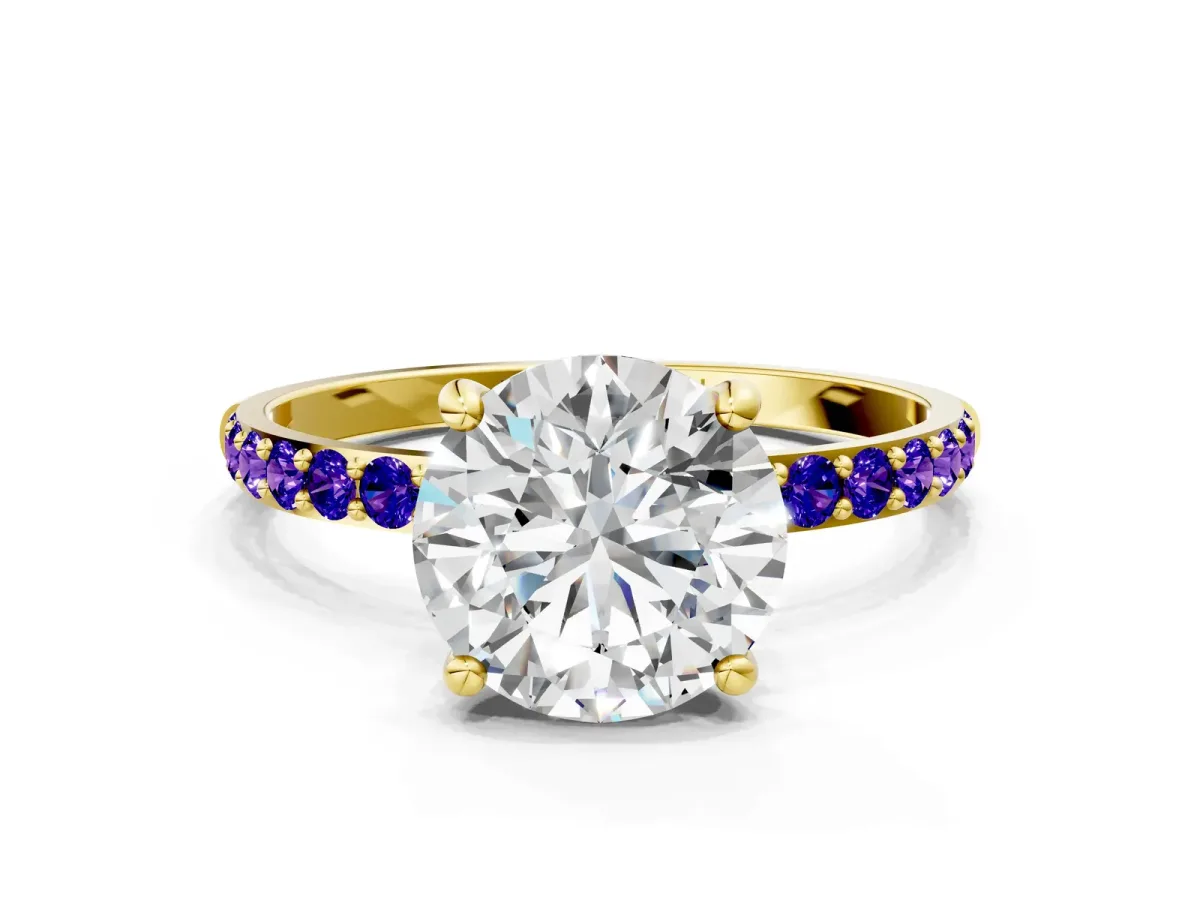 Round Cut Diamond Solitaire Ring with Round Tanzanite Pavé Band and Prong Setting Yellow gold