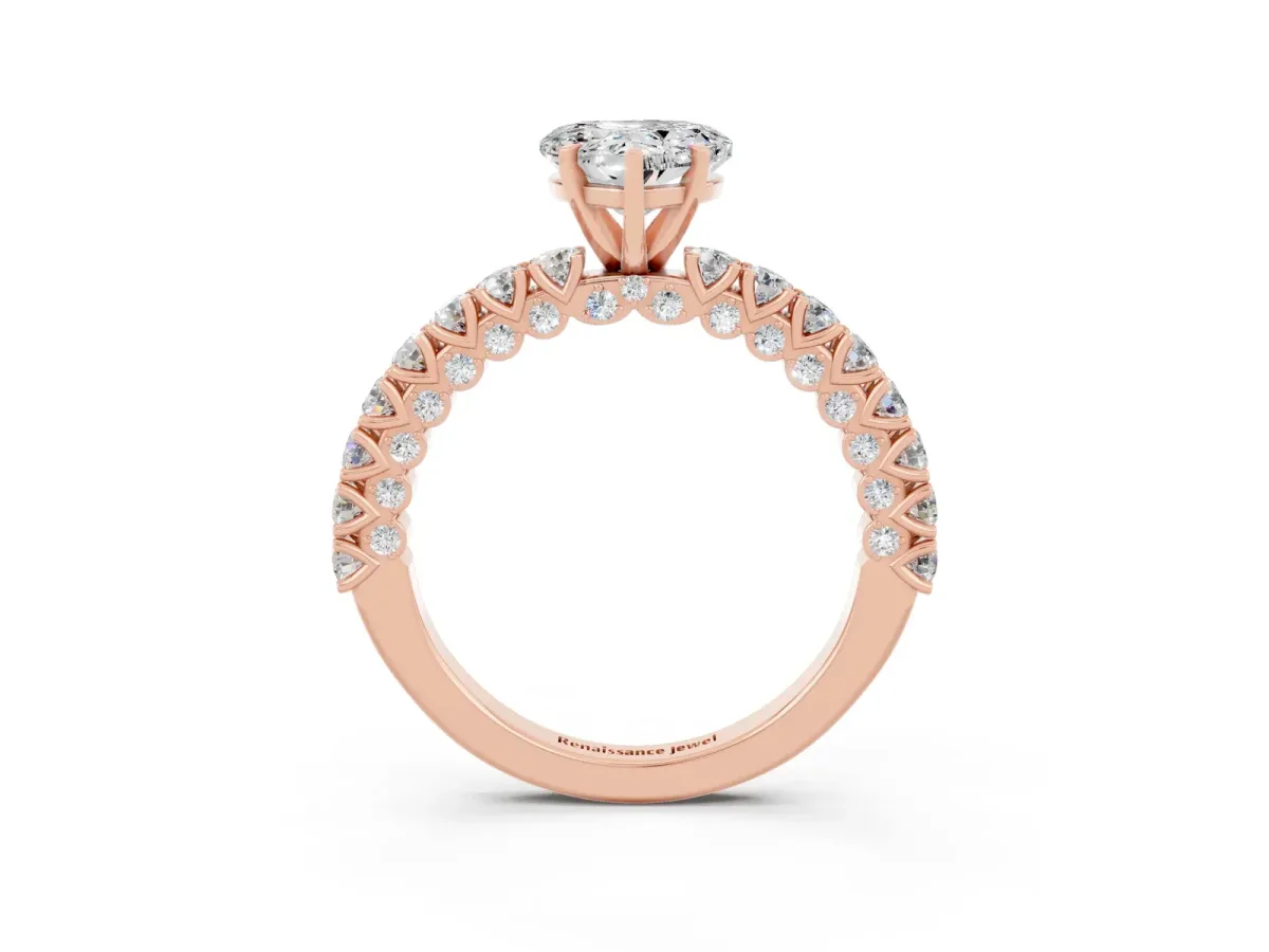 Heart Cut Moissanite Solitaire Ring with Round Accent Pavé Band and Prong Setting Rose gold