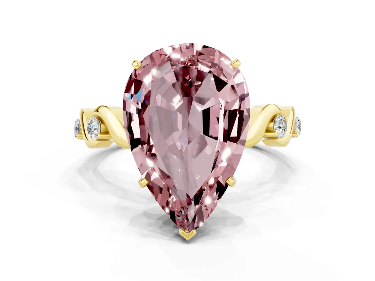Pear Cut Morganite Solitaire Twisted Band with Round Accents and Prong Setting Yellow gold