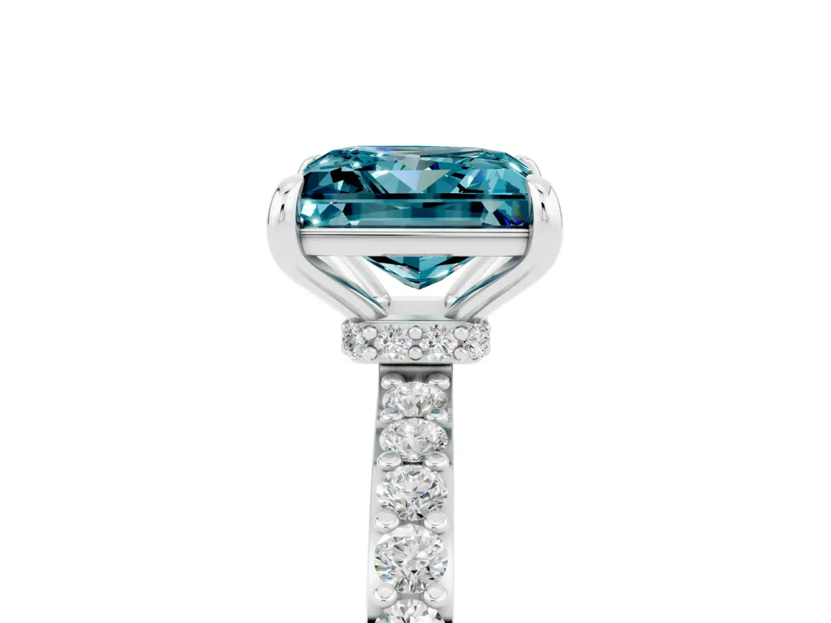 Princess Cut Blue Topaz Solitaire Engagement Ring with Pavé Band and Four-Prong Setting White gold