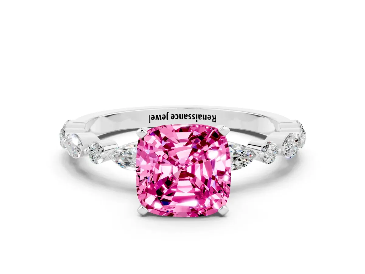 Cushion Cut Pink Sapphire Ring with Marquise and Round Side Stones and Four-Prong Setting White gold