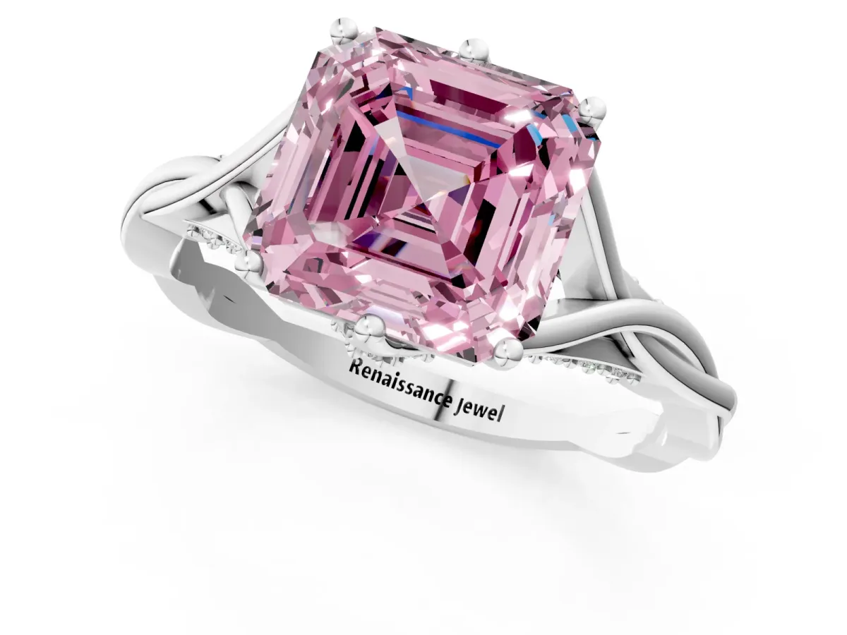 Fancy Pink Asscher Cut Solitaire Twist Band Six-Prong Setting Platinum
