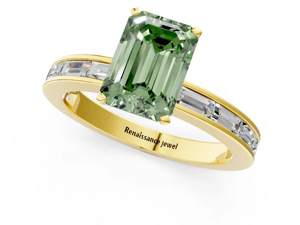 Fancy Green Emerald Cut Solitaire Diamond Ring with Channel-Set Baguette Band and Four-Prong Setting Yellow gold