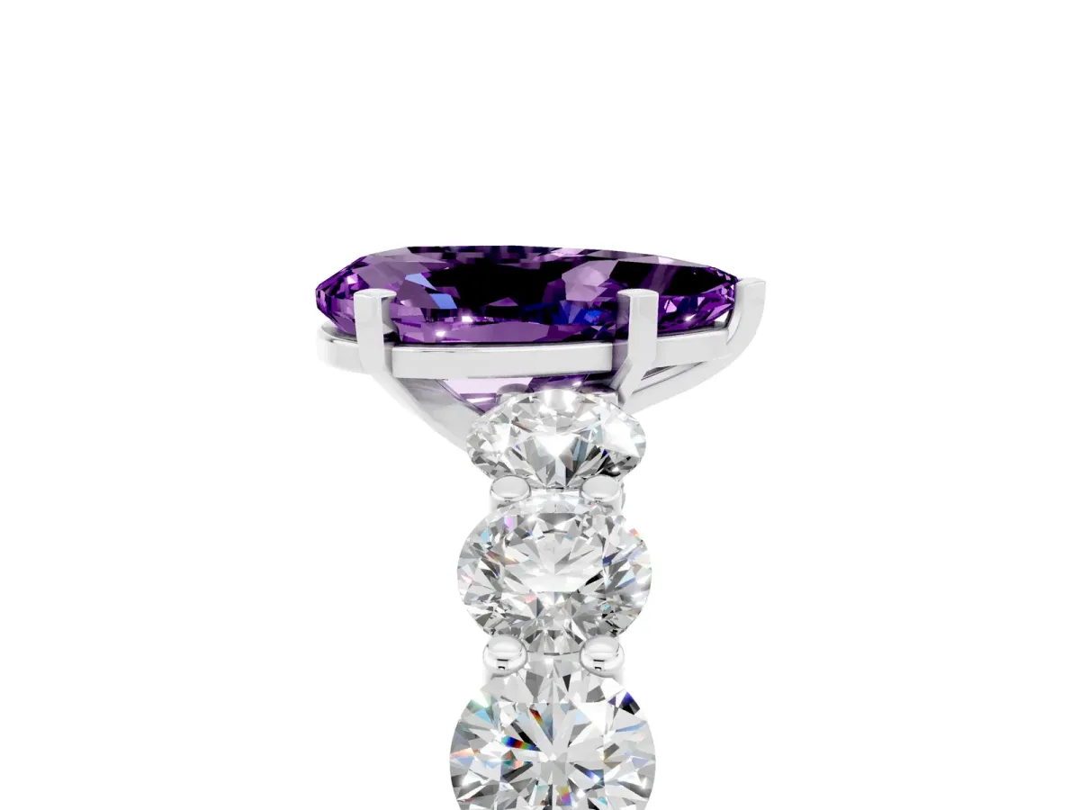 Pear Cut Amethyst Prong Setting with Side Stones on a Pave Band Platinum