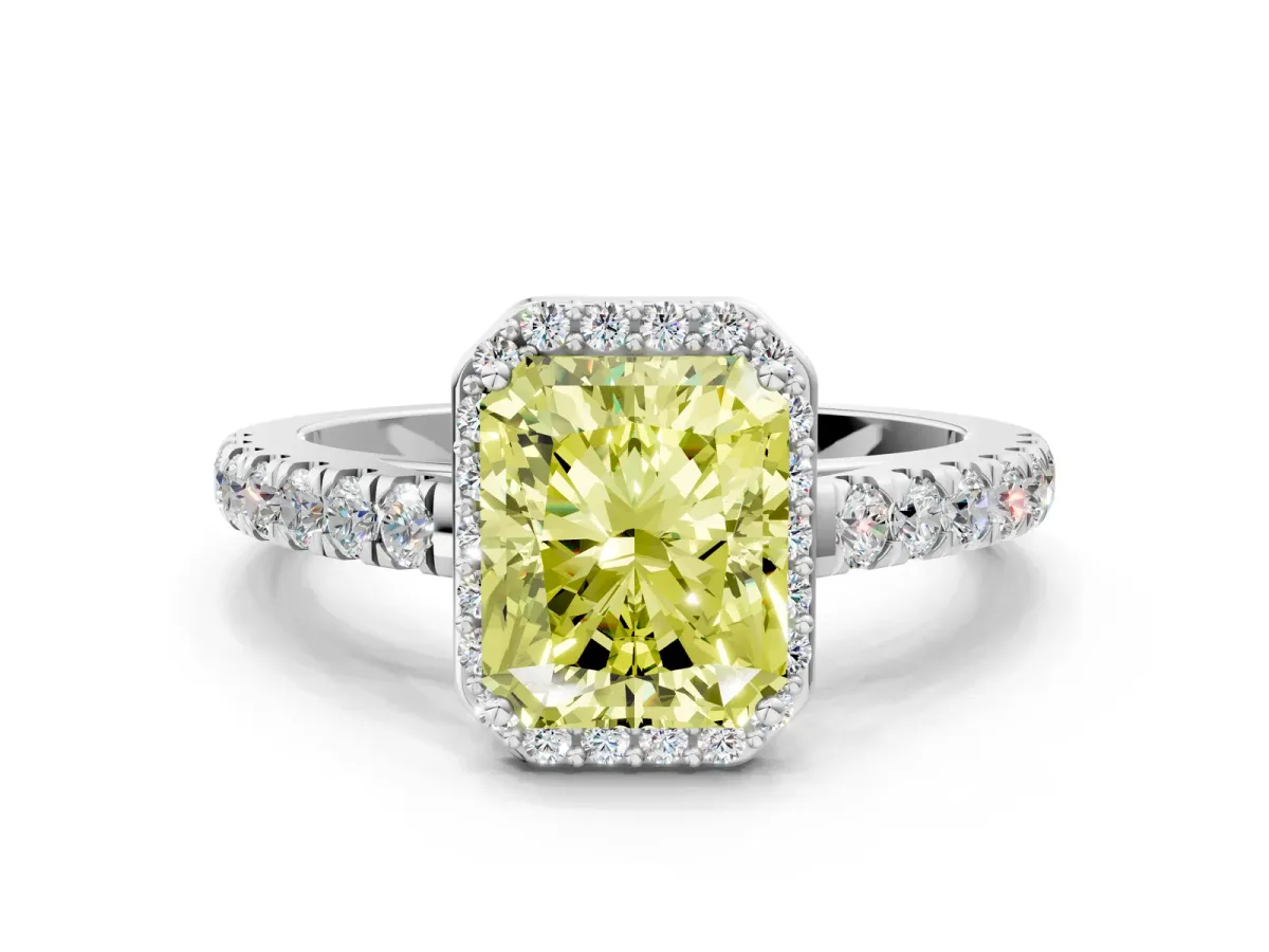 Fancy Yellow Radiant Cut Cut Halo Diamond Engagement Ring with Pave Band and Four-Prong Setting Platinum