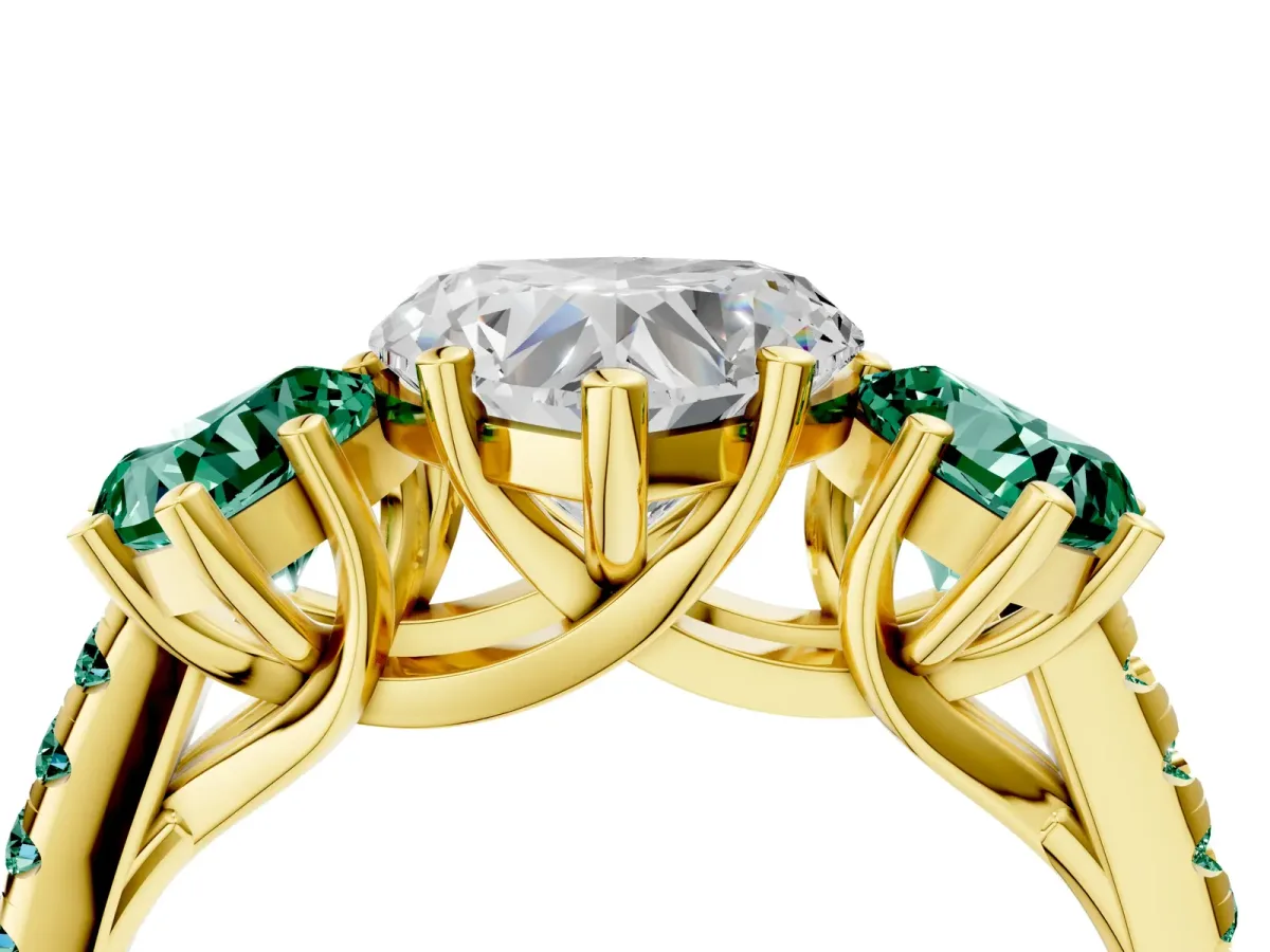 Three-Stone Heart Cut Diamond Ring with Round Green Sapphire Pavé Band and Prong Setting Yellow gold