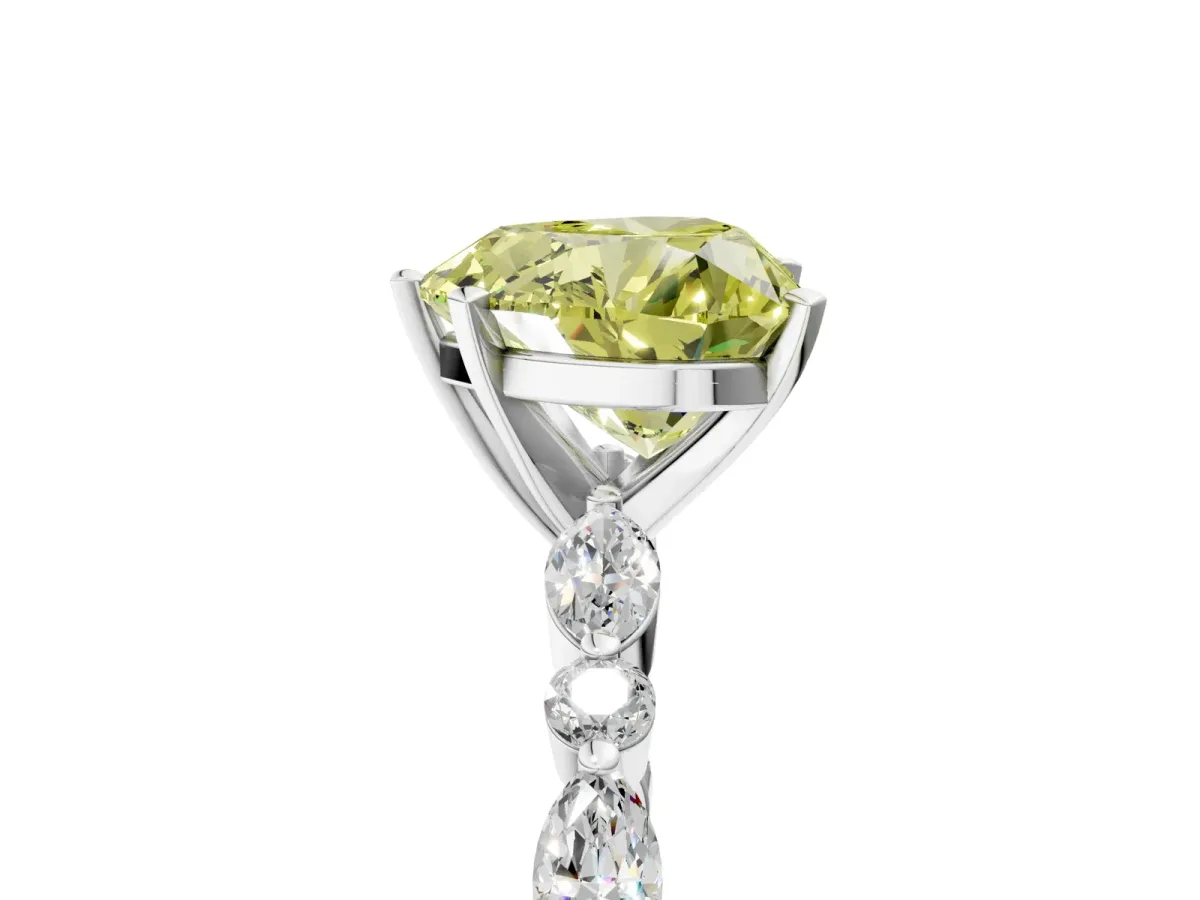 Fancy Yellow Heart Cut Diamond Ring with Marquise and Round Side Stones and Four-Prong Setting White gold