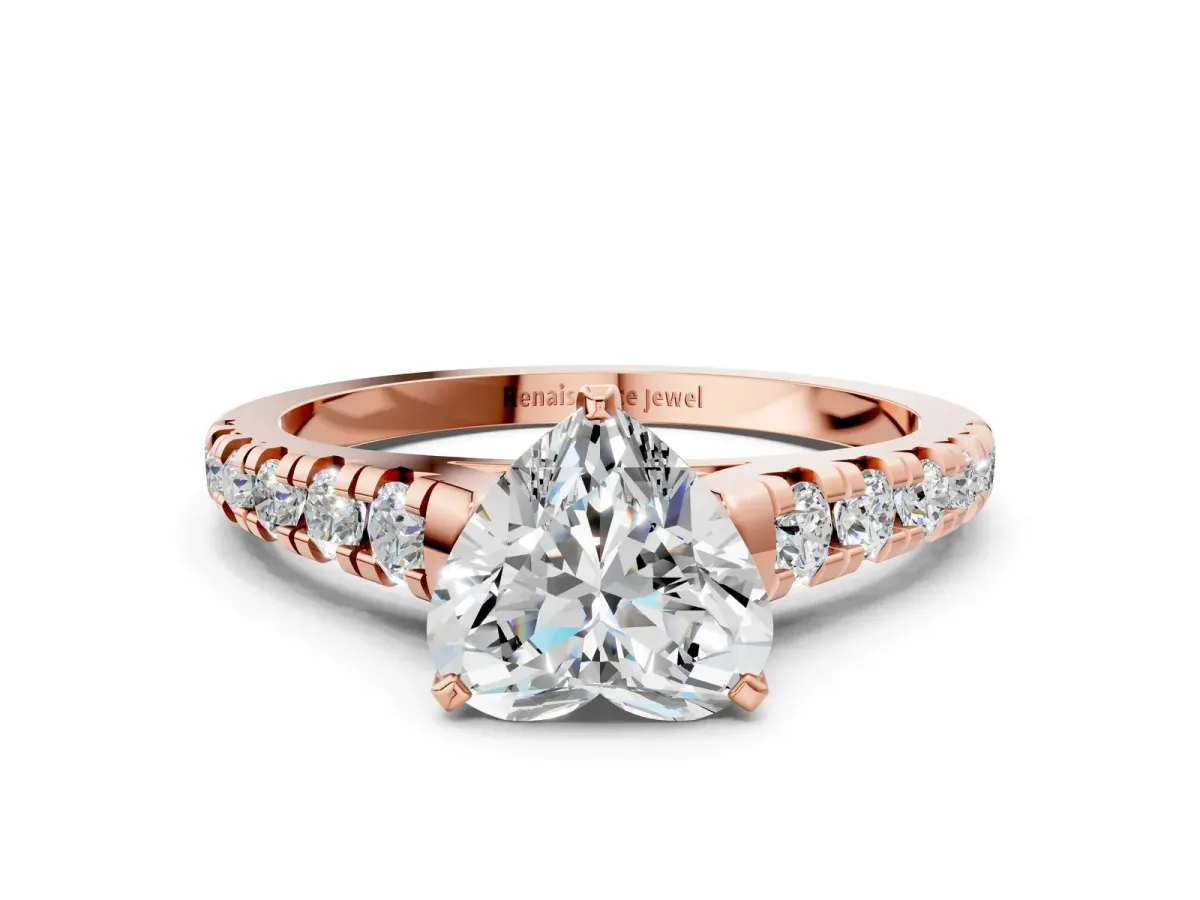 Heart Cut Diamond Cathedral Solitaire Ring with Round Moissanite Pavé Band Rose gold