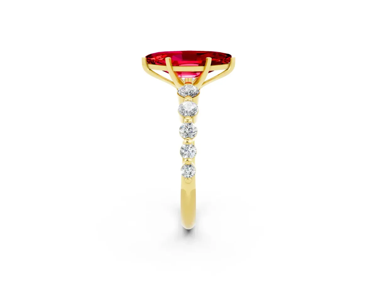 Marquise Cut Solitaire Ruby Ring with Pave Band and Four-Prong Setting Yellow gold