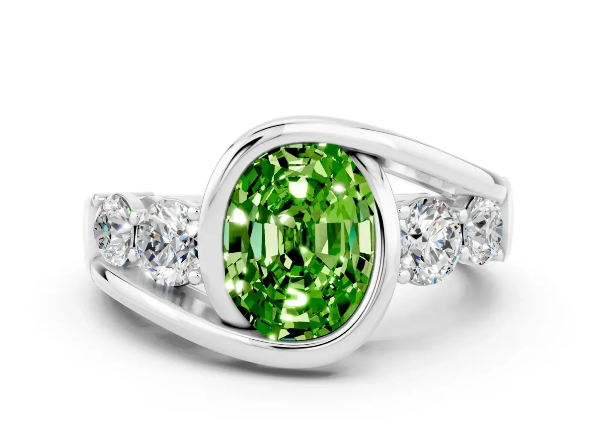 Bezel Set Oval Cut Peridot Bypass Ring with Round Accents Silver