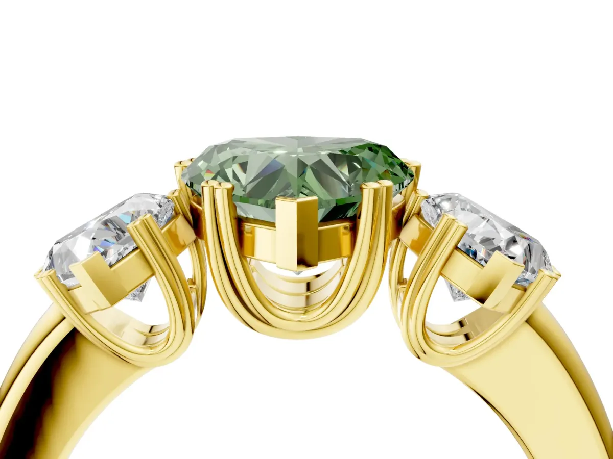 Fancy Green Three-Stone Heart Cut Cut Diamond Ring with Channel Set Band and Four-Prong Setting Yellow gold