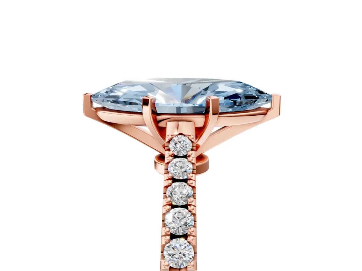 Fancy Blue Marquise Cut Cut Solitaire Diamond Engagement Ring with Pave Band and Four-Prong Setting Rose gold