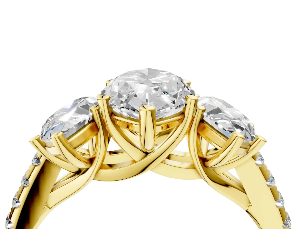 Three-Stone Marquise Cut Diamond Ring with Round Moissanite Pavé Band and Prong Setting Yellow gold