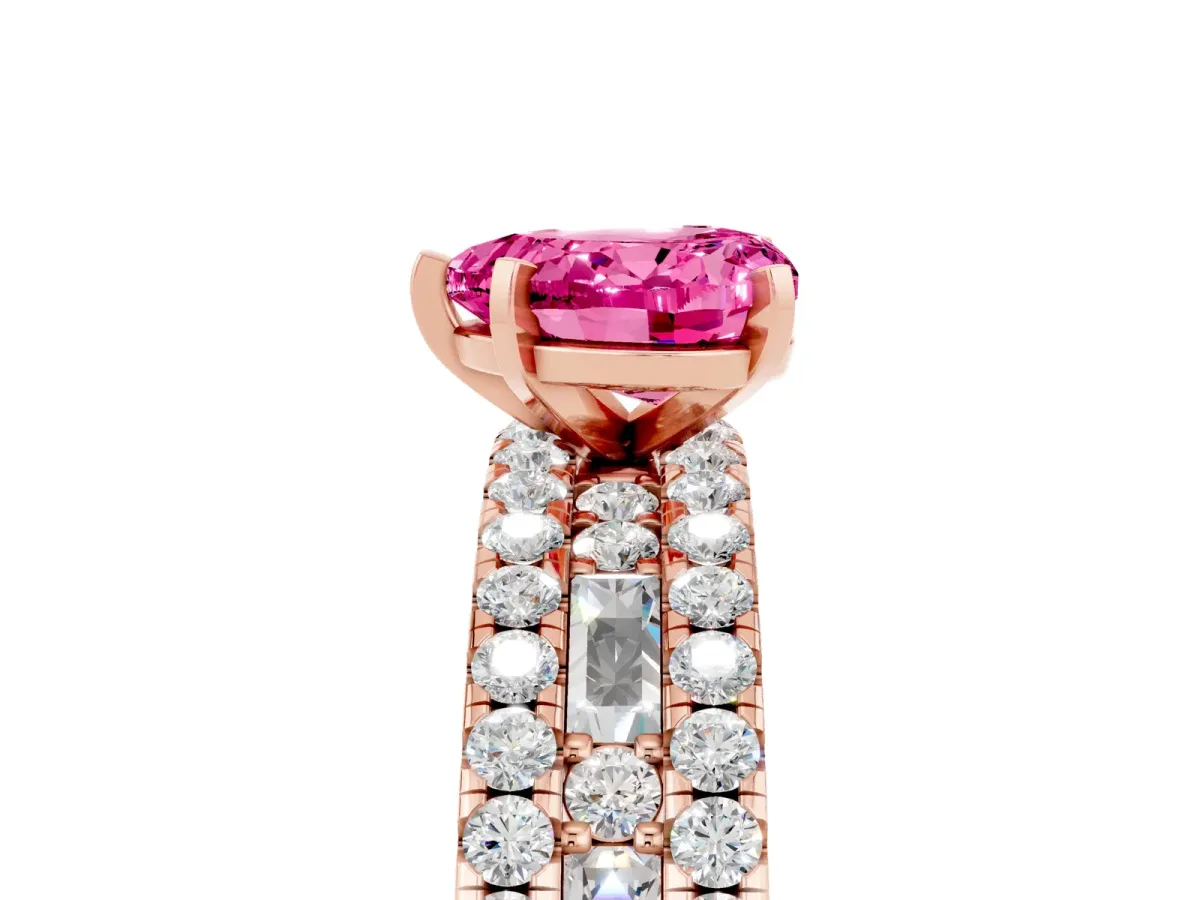 Heart Cut Pink Sapphire Solitaire Ring with Pavé and Channel Set Band Rose gold