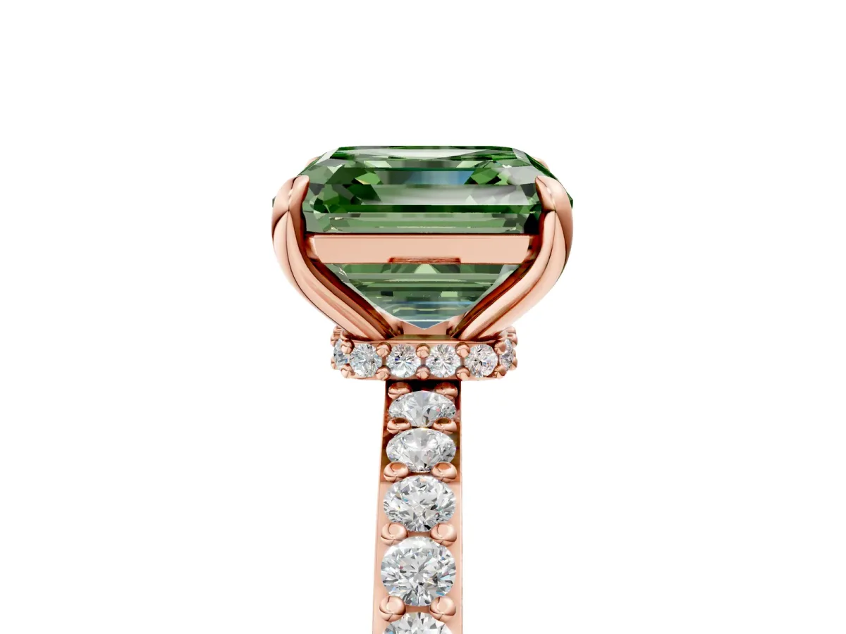 Fancy Green Asscher Cut Diamond Solitaire Engagement Ring with Pavé Band and Four-Prong Setting Rose gold