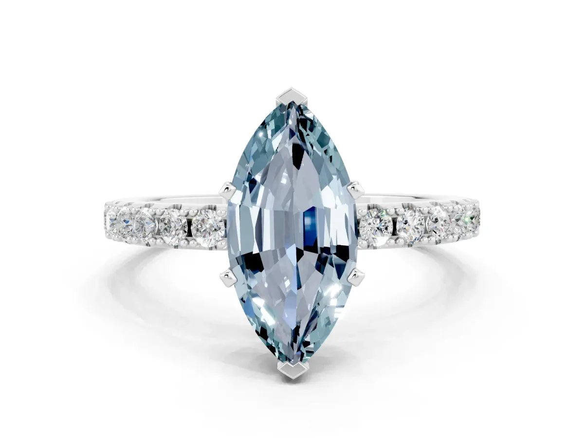 Marquise Cut Aquamarine Solitaire Pavé Band with Four-Prong Setting Silver