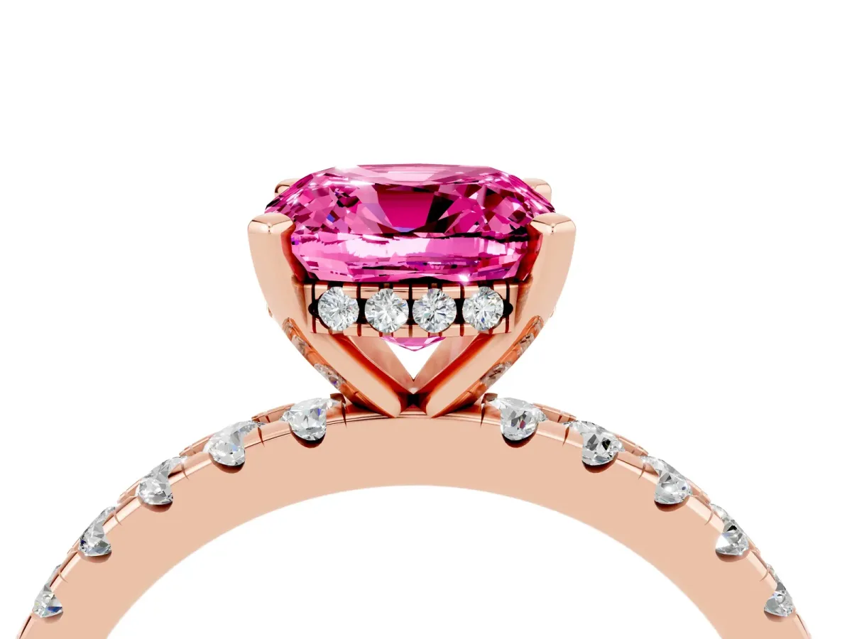 Cushion Cut Pink Sapphire Solitaire Ring with Round Pavé Band and Four-Prong Setting Rose gold