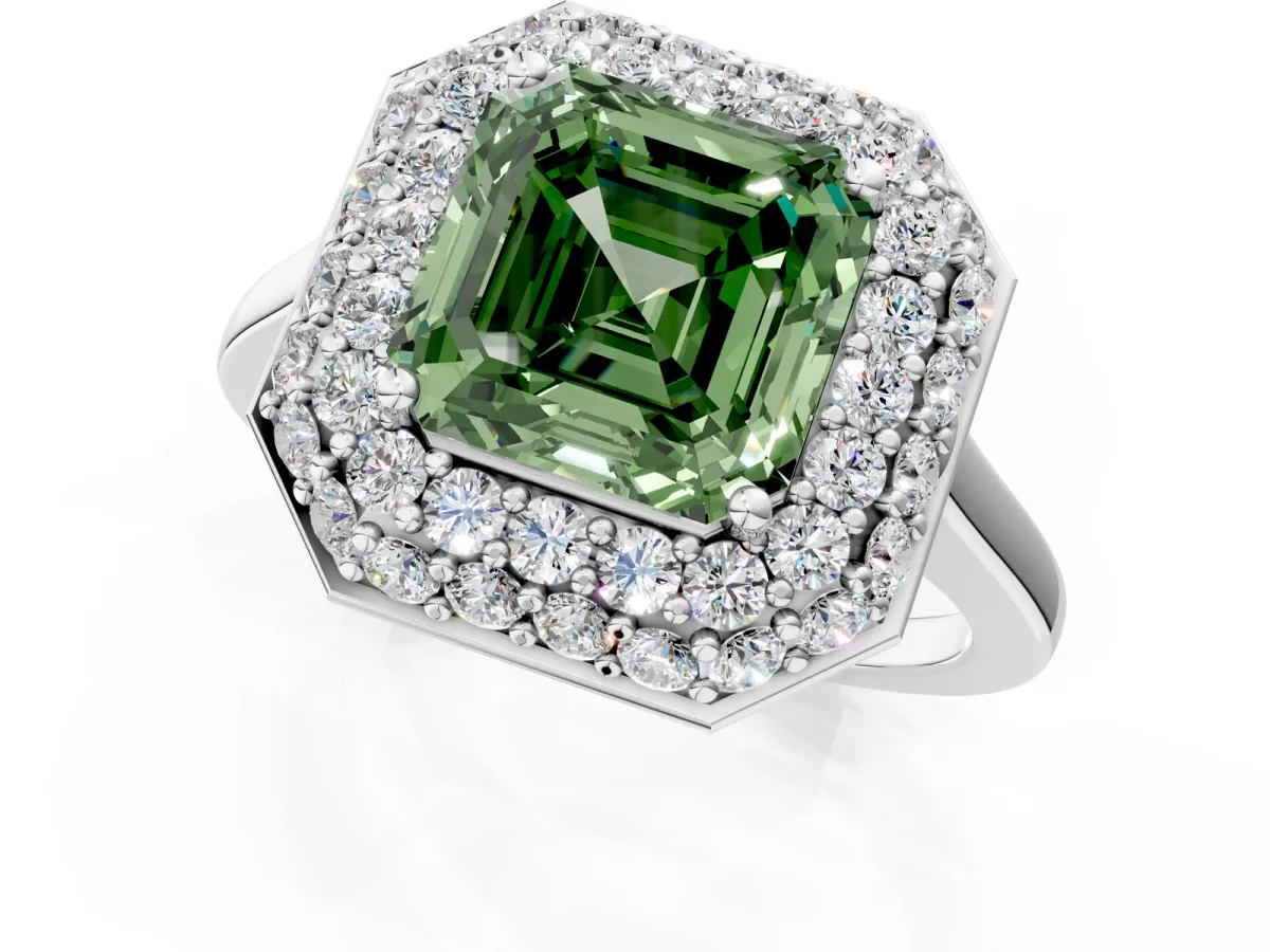 Fancy Green Asscher Cut Halo Diamond Engagement Ring with Solitaire Band and Four-Prong Setting Platinum