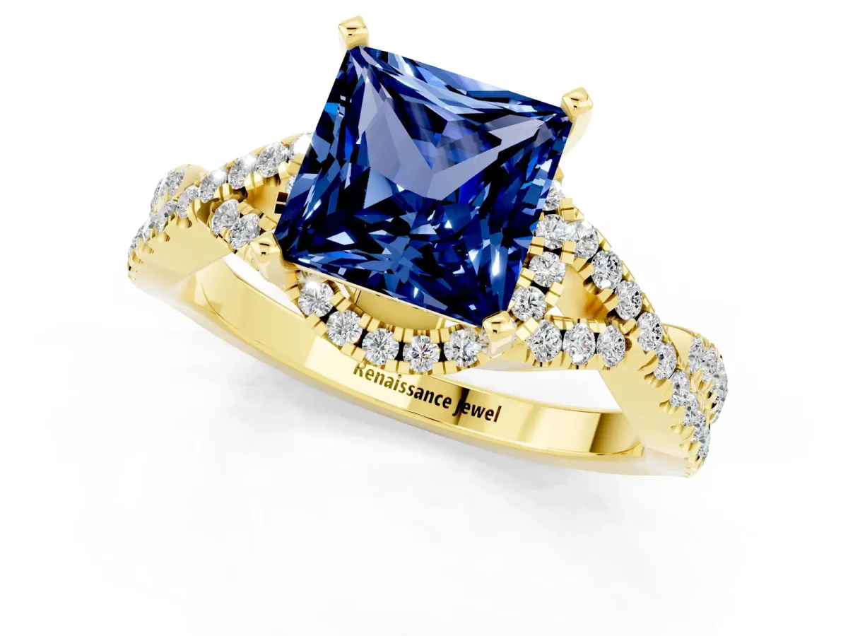 Princess Cut Blue Sapphire Halo Twist Band Solitaire Prong Setting Ring Yellow gold