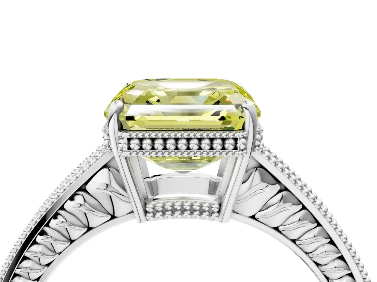 Fancy Yellow Asscher Cut Cut Diamond Milgrain Pave Band Four-Prong Setting Ring Platinum