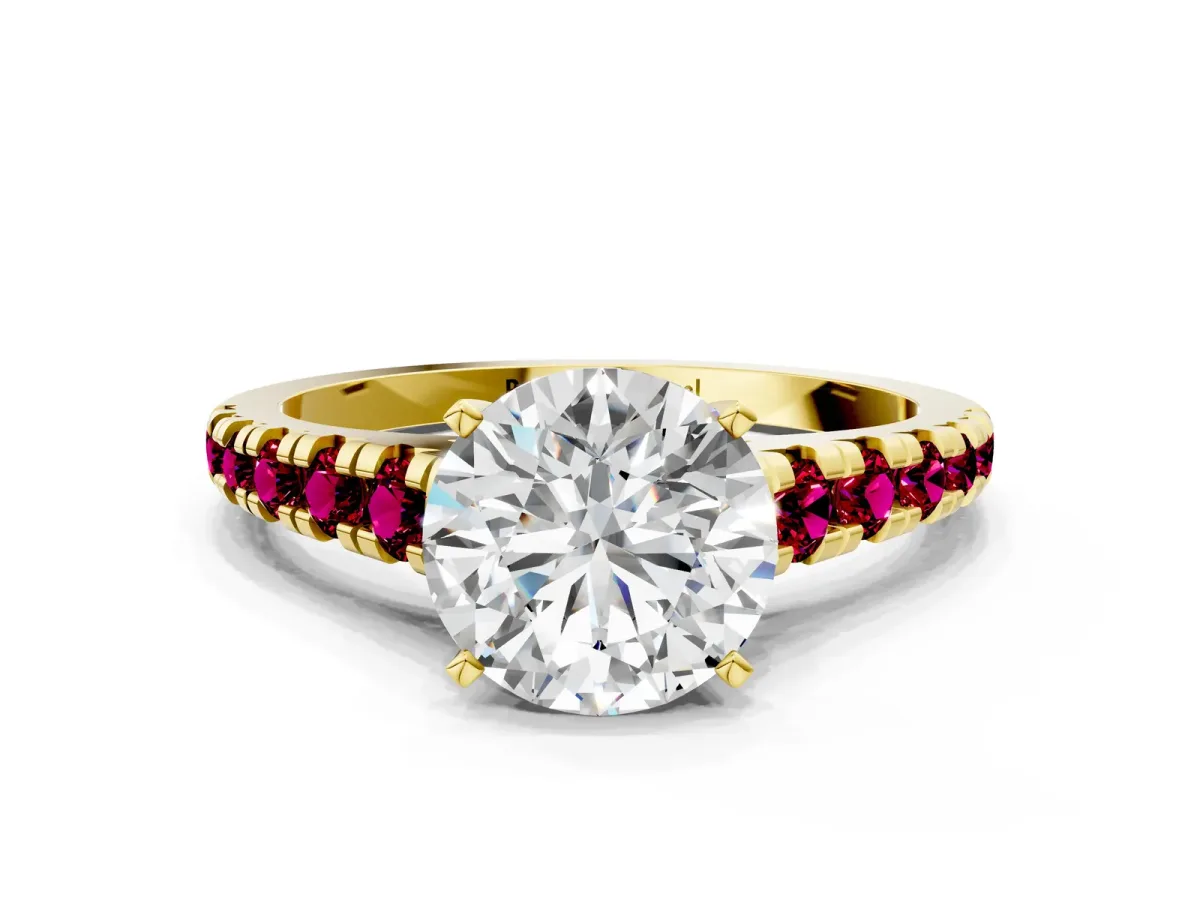 Round Cut Diamond Cathedral Solitaire Ring with Round Garnet Pavé Band Yellow gold