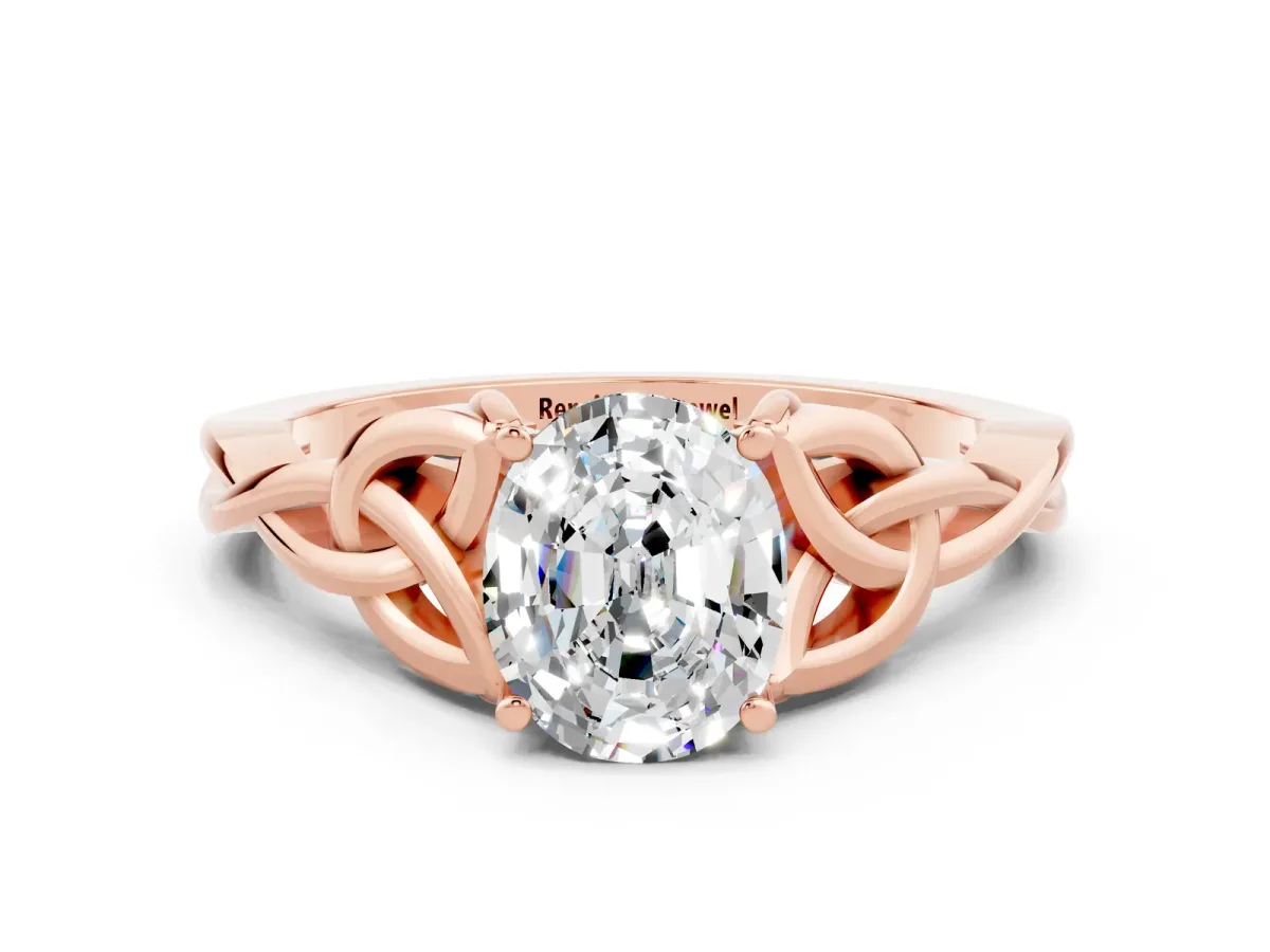 Oval Cut Moissanite Solitaire Engagement Ring with Celtic Knot Band and Four-Prong Setting Rose gold