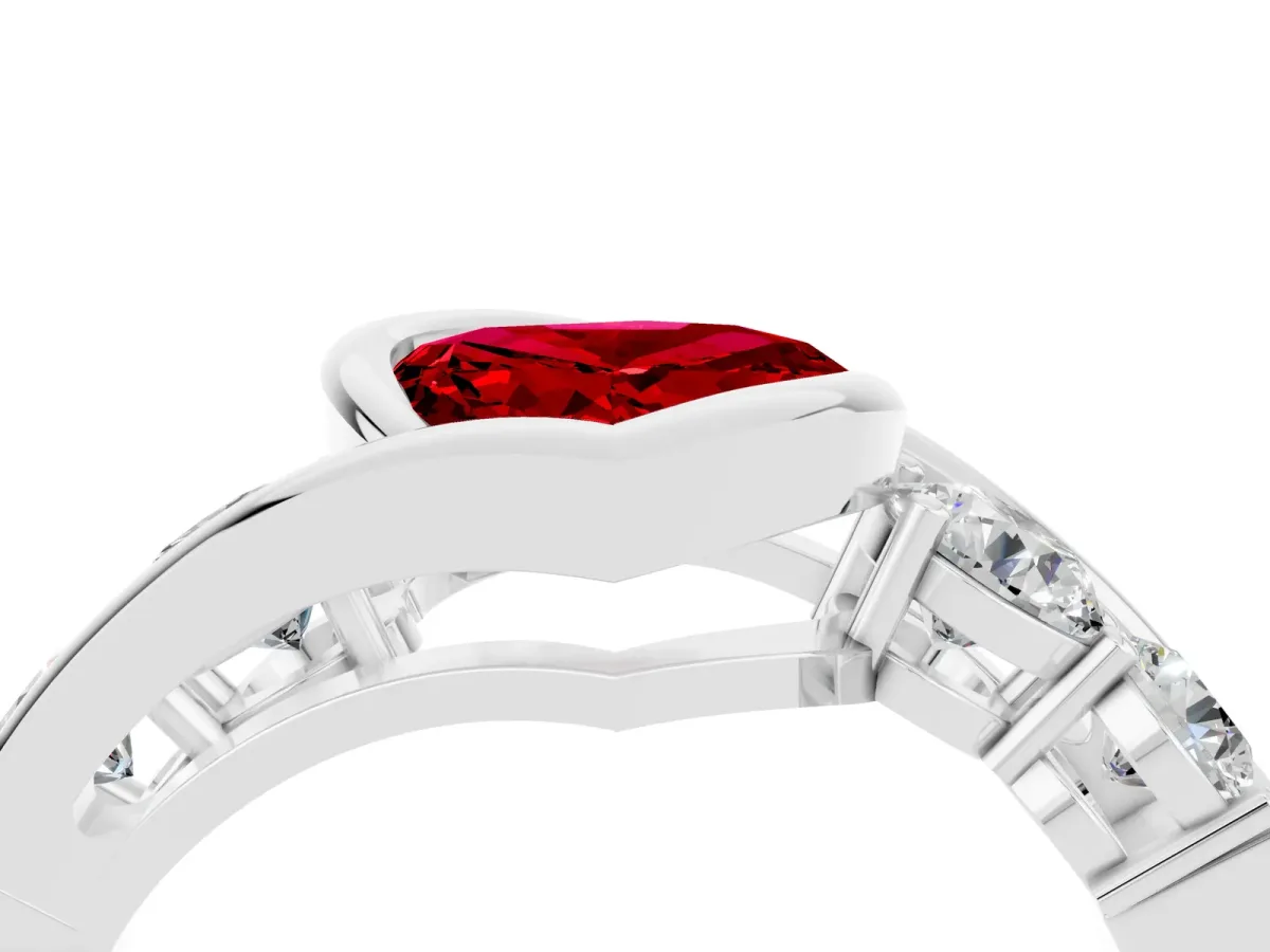 Bezel Set Heart Cut Ruby Bypass Ring with Round Accents Silver