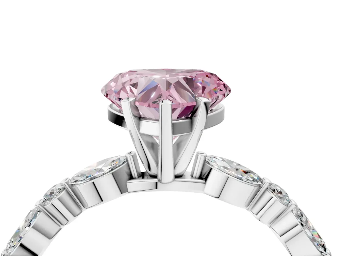 Fancy Pink Heart Cut Diamond Ring with Marquise and Round Side Stones and Four-Prong Setting White gold