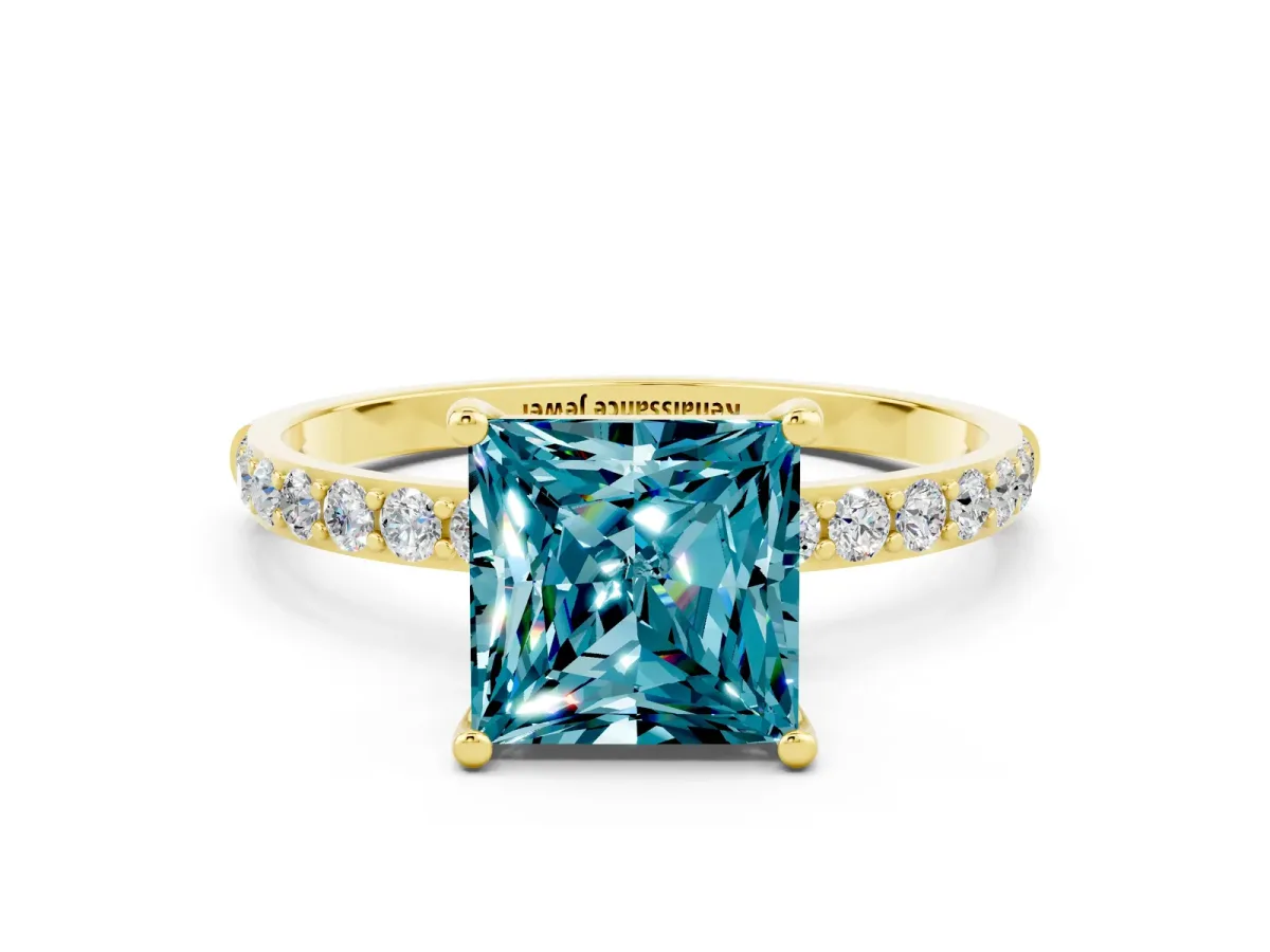 Princess Cut Blue Topaz Solitaire Ring with Round Pavé Band and Prong Setting Yellow gold
