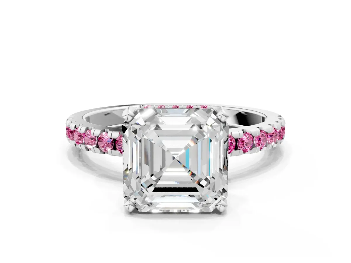 Asscher Cut Diamond Solitaire Ring with Round Pink Sapphire Pavé Band and Four-Prong Setting White gold