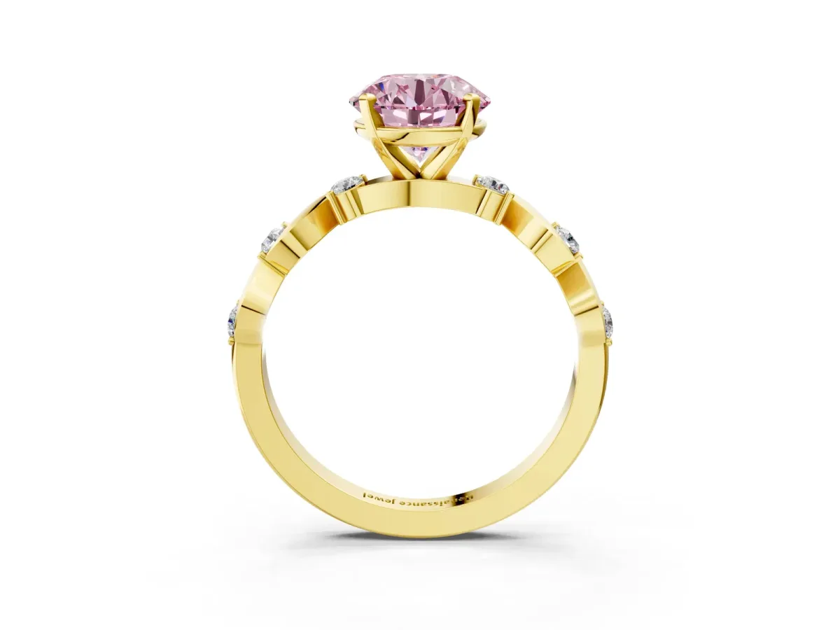 Fancy Pink Round Cut Diamond Solitaire Twisted Band with Round Accents and Prong Setting Yellow gold